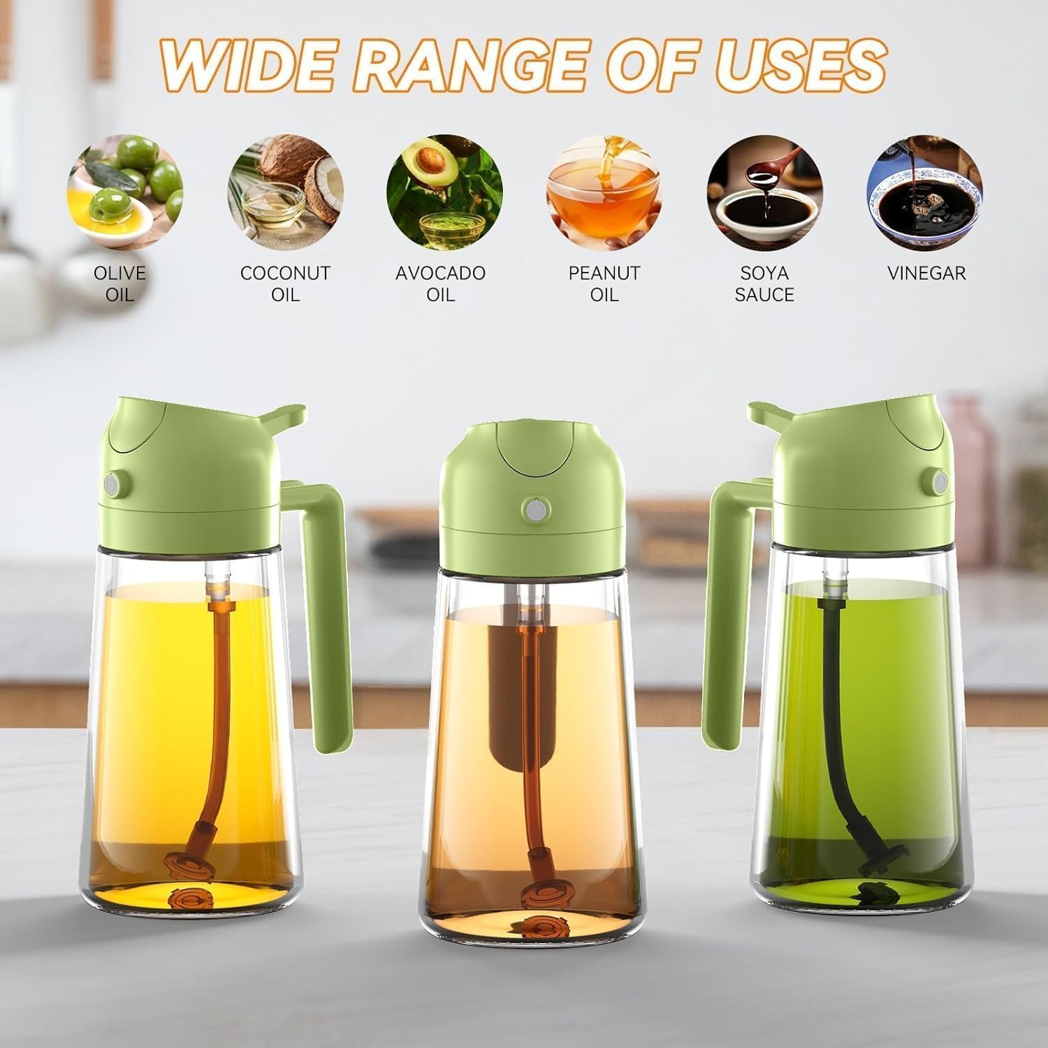 2 in 1 Olive Oil Dispenser Oil Spray Bottle Automatic Dispenser 470ML Oil Sprayer for Cooking Kitchen Salad Barbecue BBQ Baking